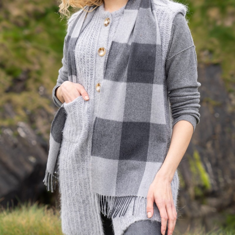 Echarpe en laine Mérinos - Carreaux gris - John Hanly